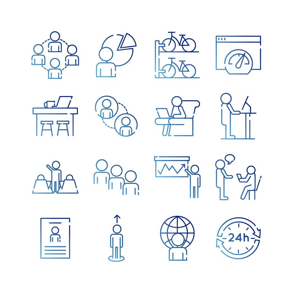 bundle of sixteen coworking set collection gradient style icons vector