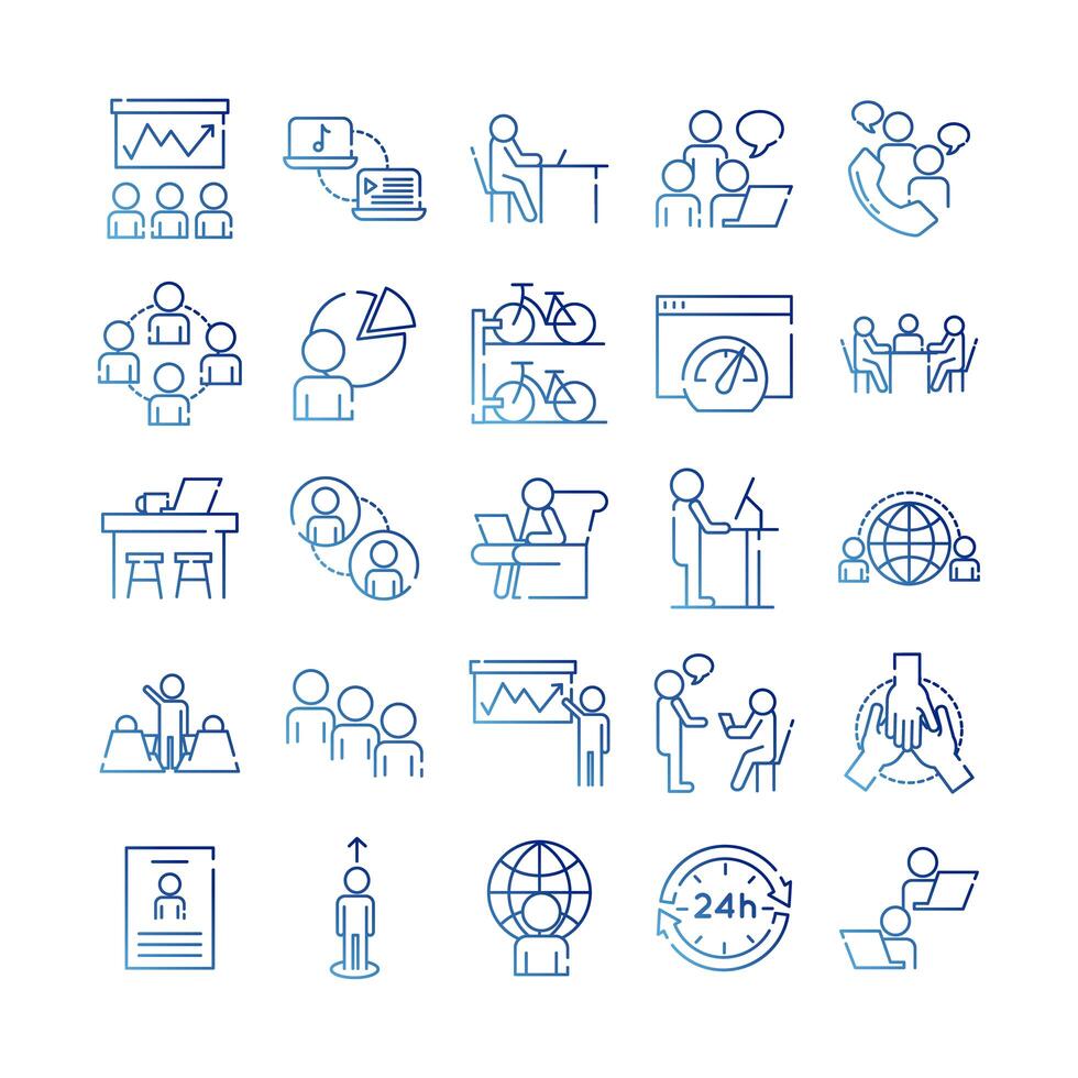 bundle of twenty five coworking set gradient style icons vector