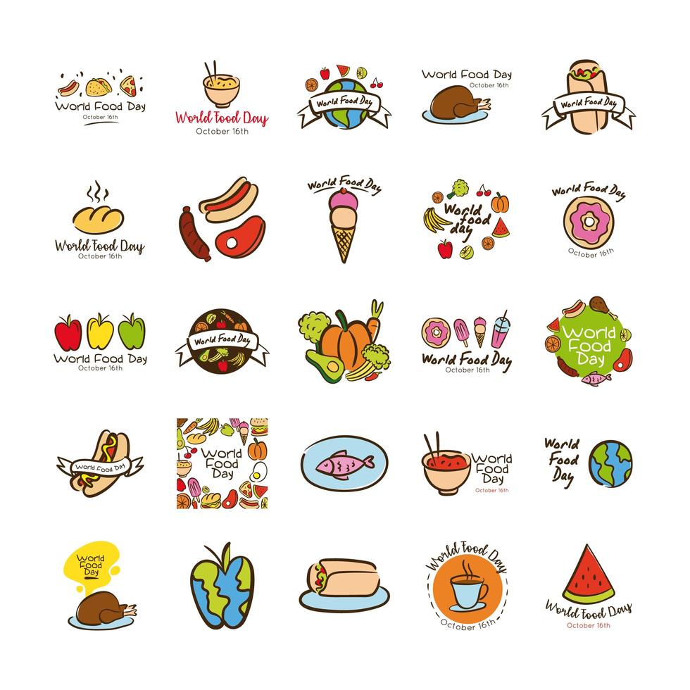bundle of twenty five world food day celebration letterings flat style icons vector