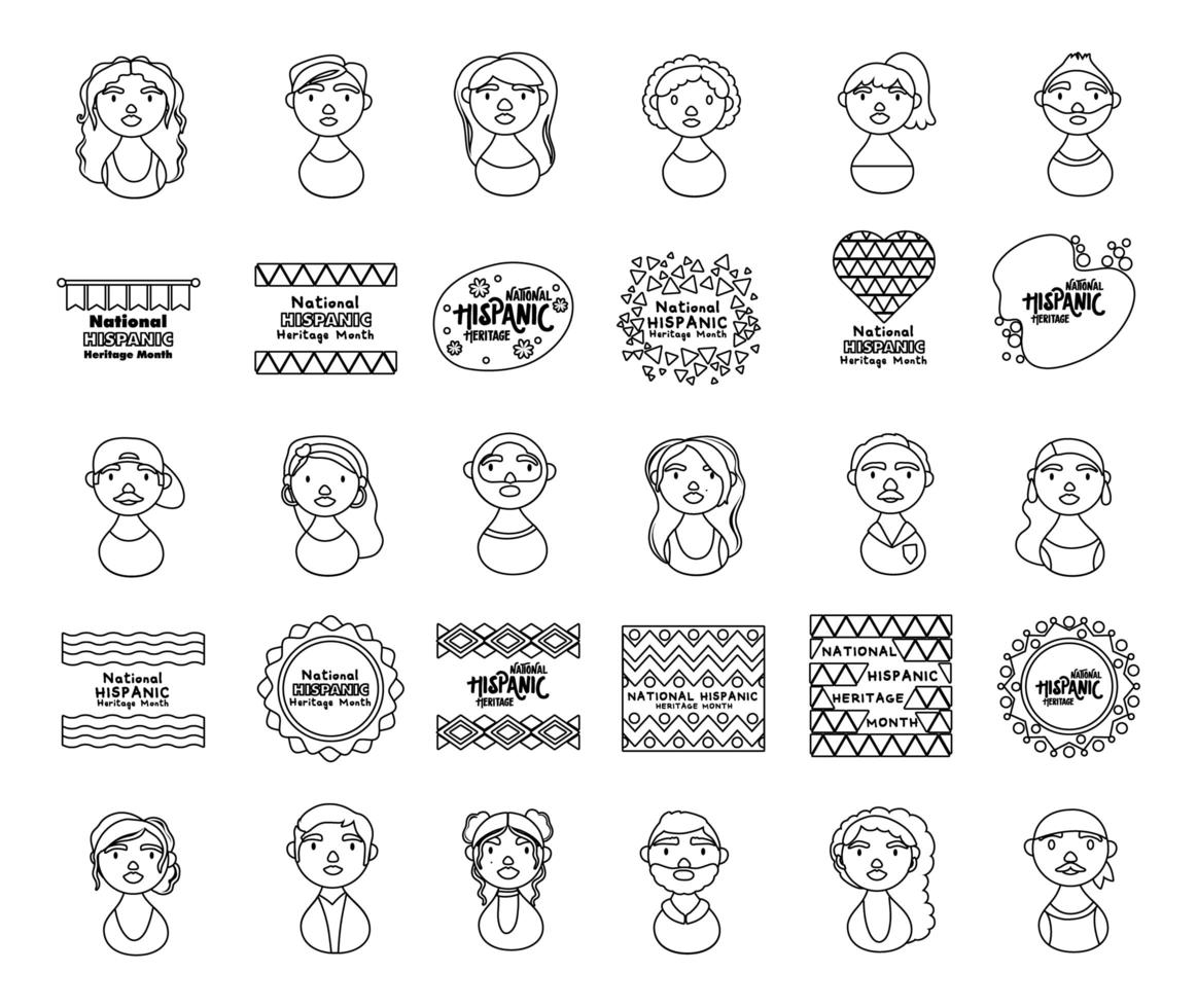 people characters and national hispanic heritage letterings line style icons vector