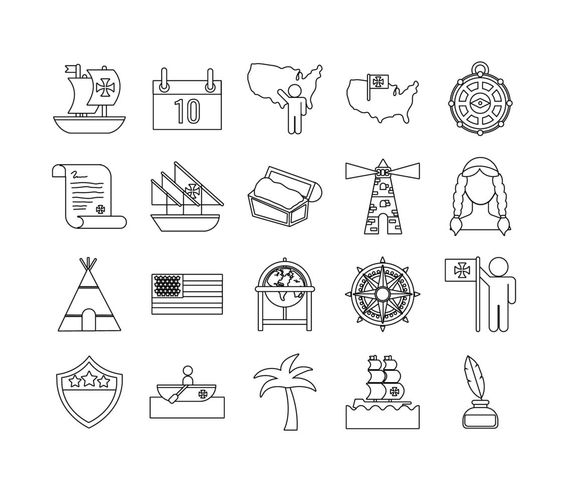 paquete de iconos de conjunto del día de colón vector