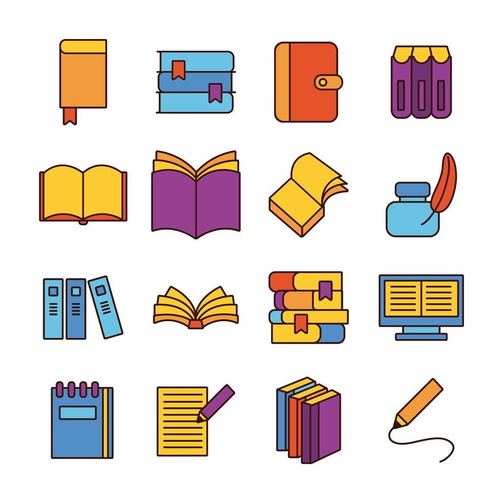 paquete de dieciséis libros, literatura, conjunto, iconos vector