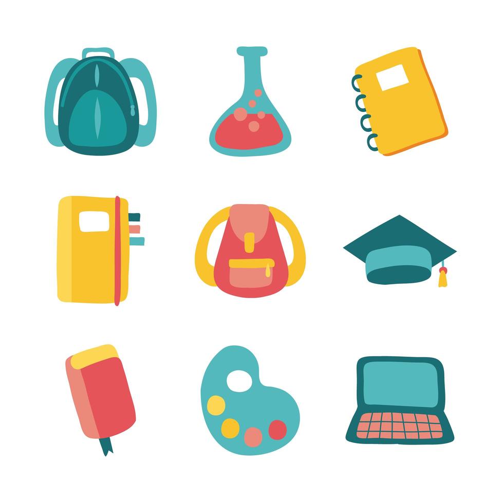 bundle of nine school supplies flat style icons vector
