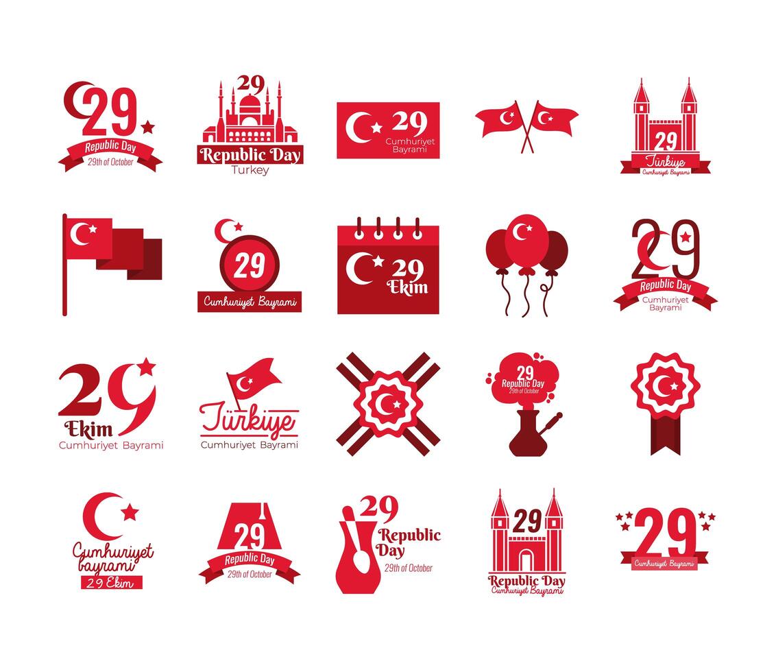 bundle of twenty set cumhuriyet bayrami flat style vector