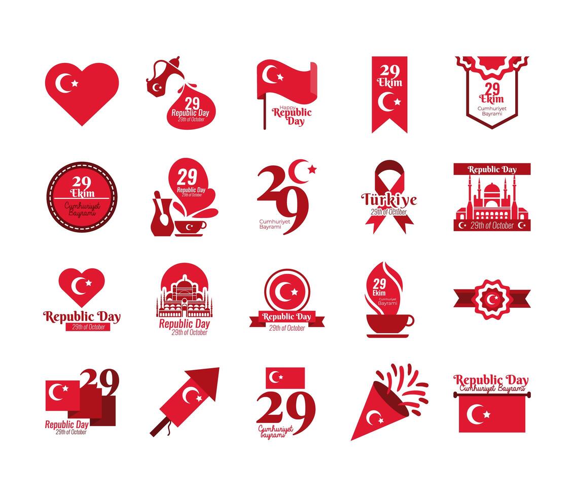bundle of twenty set cumhuriyet bayrami flat style icons vector