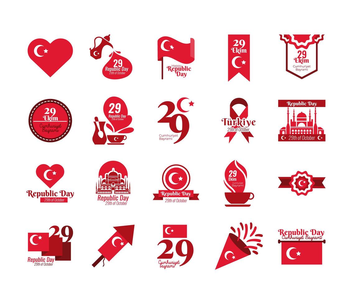 bundle of twenty set cumhuriyet bayrami flat style icons vector