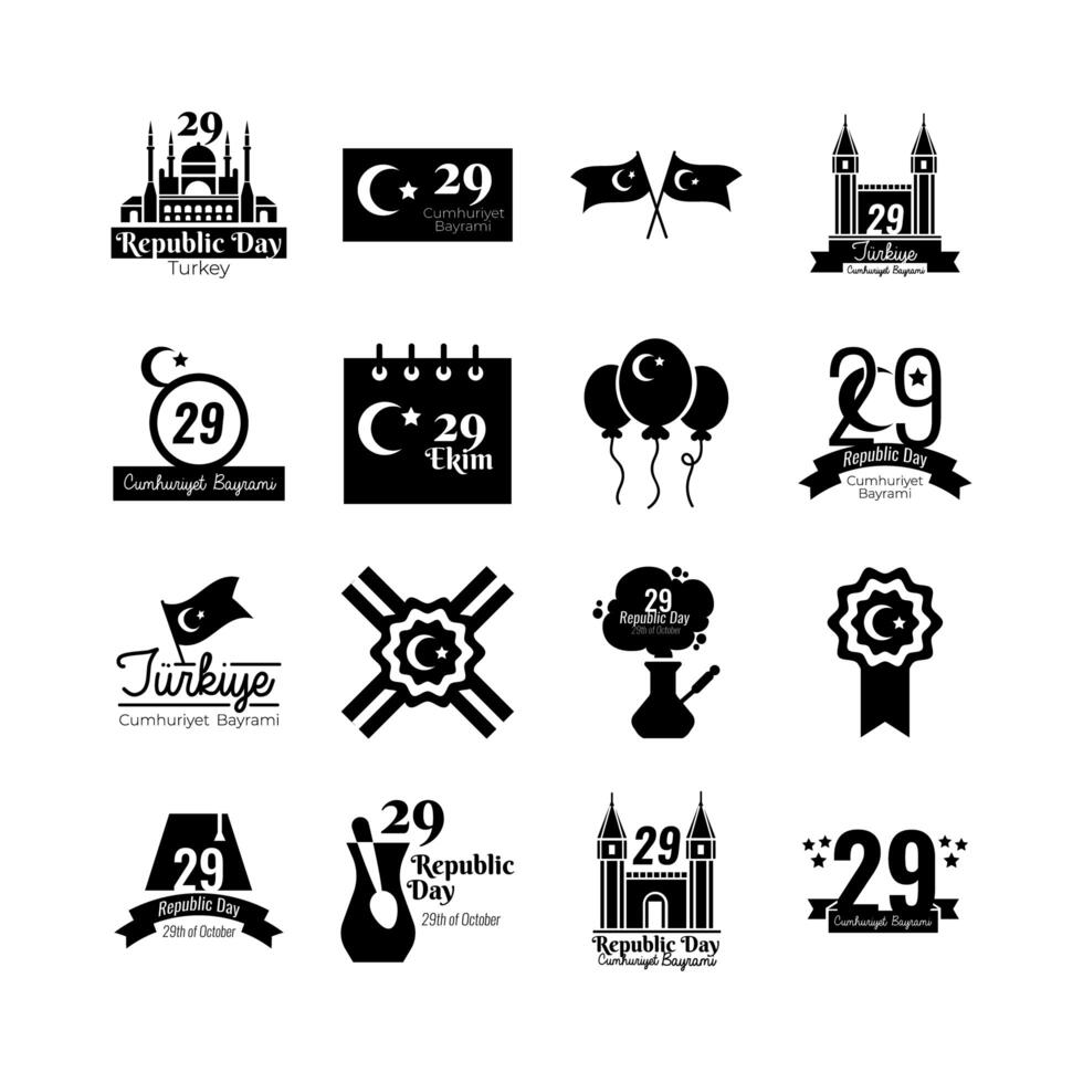 bundle of sixteen set cumhuriyet bayrami silhouette style vector