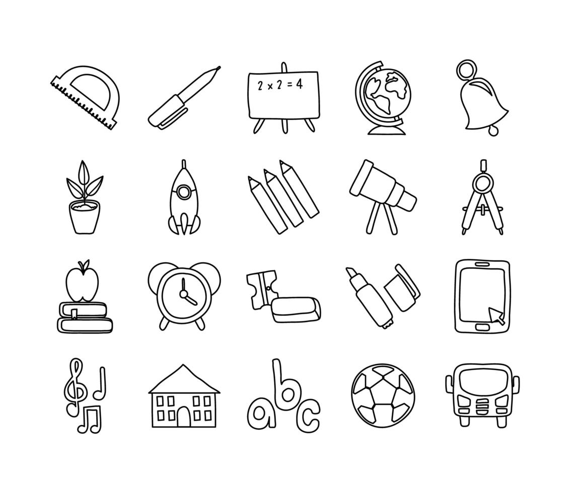 bundle of twenty school supplies line style vector