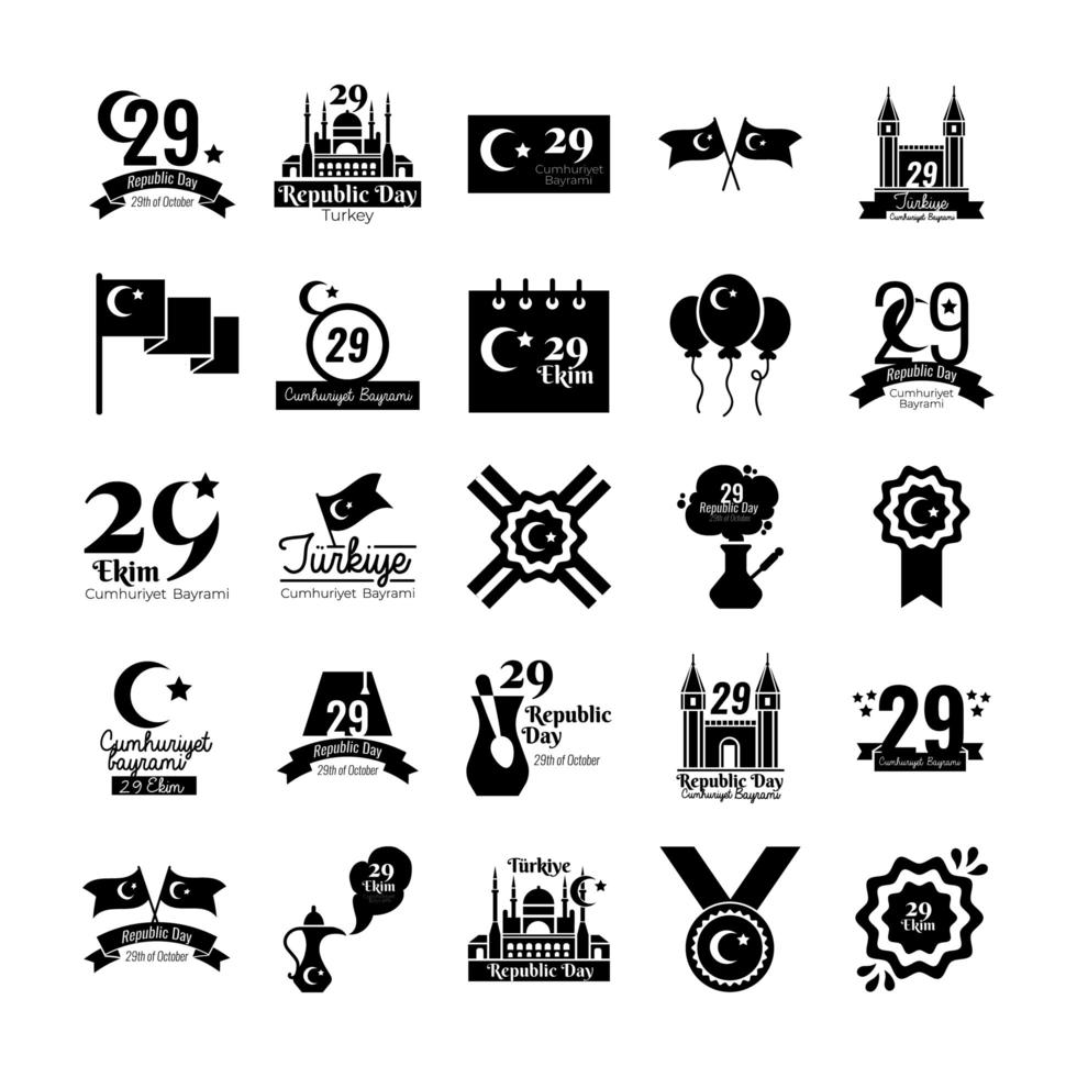 bundle of twenty five set cumhuriyet bayrami silhouette style vector