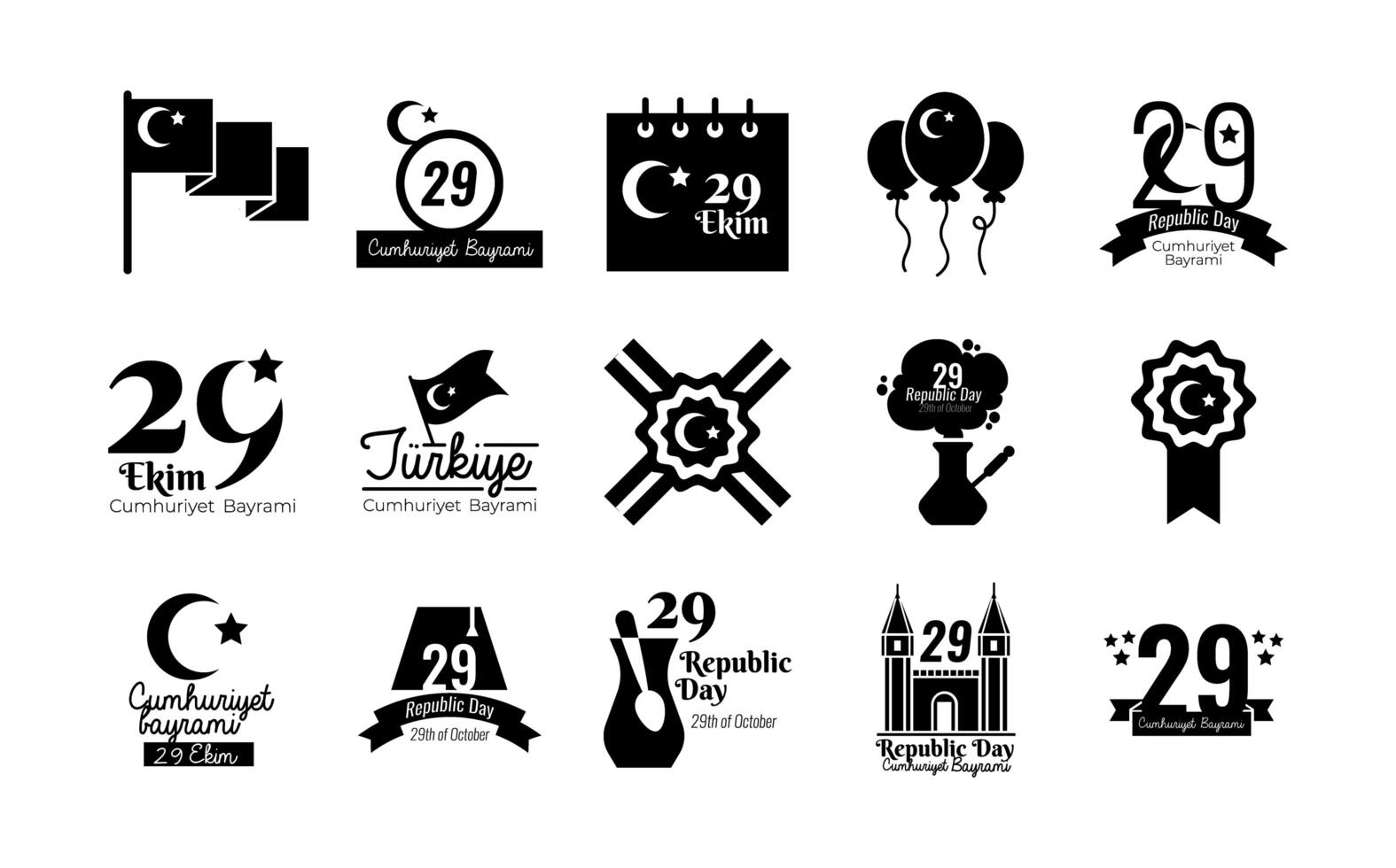 bundle of fifteen set cumhuriyet bayrami silhouette style icons vector