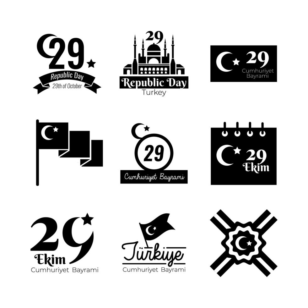 bundle of nine set cumhuriyet bayrami silhouette style icons vector