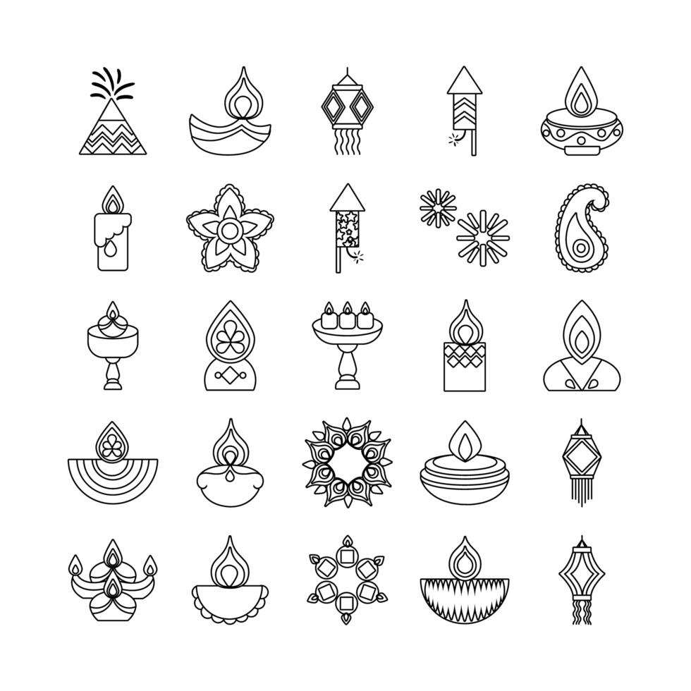 bundle of twenty five diwali set line style vector