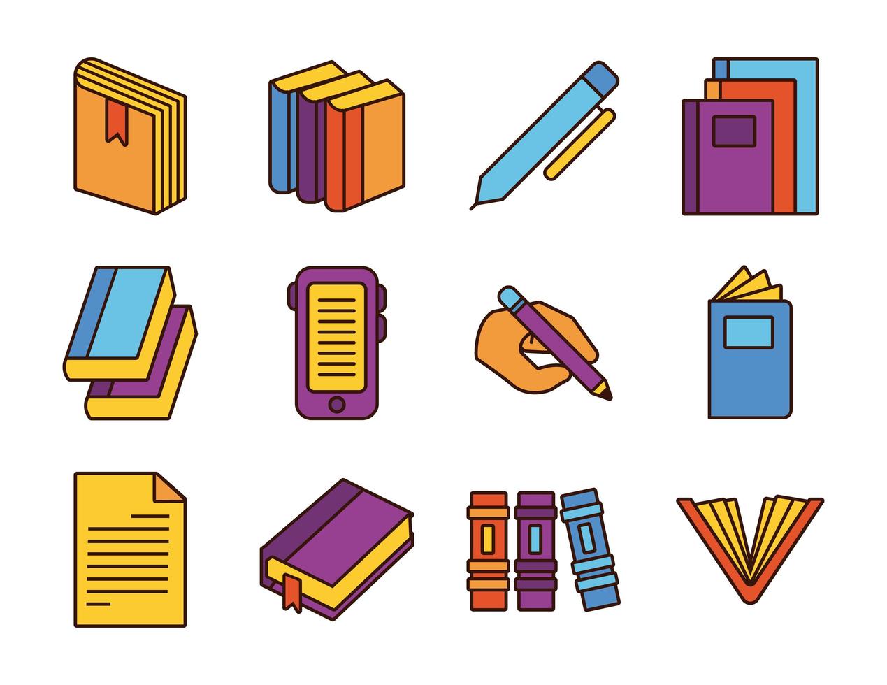 paquete de doce libros literatura set iconos vector