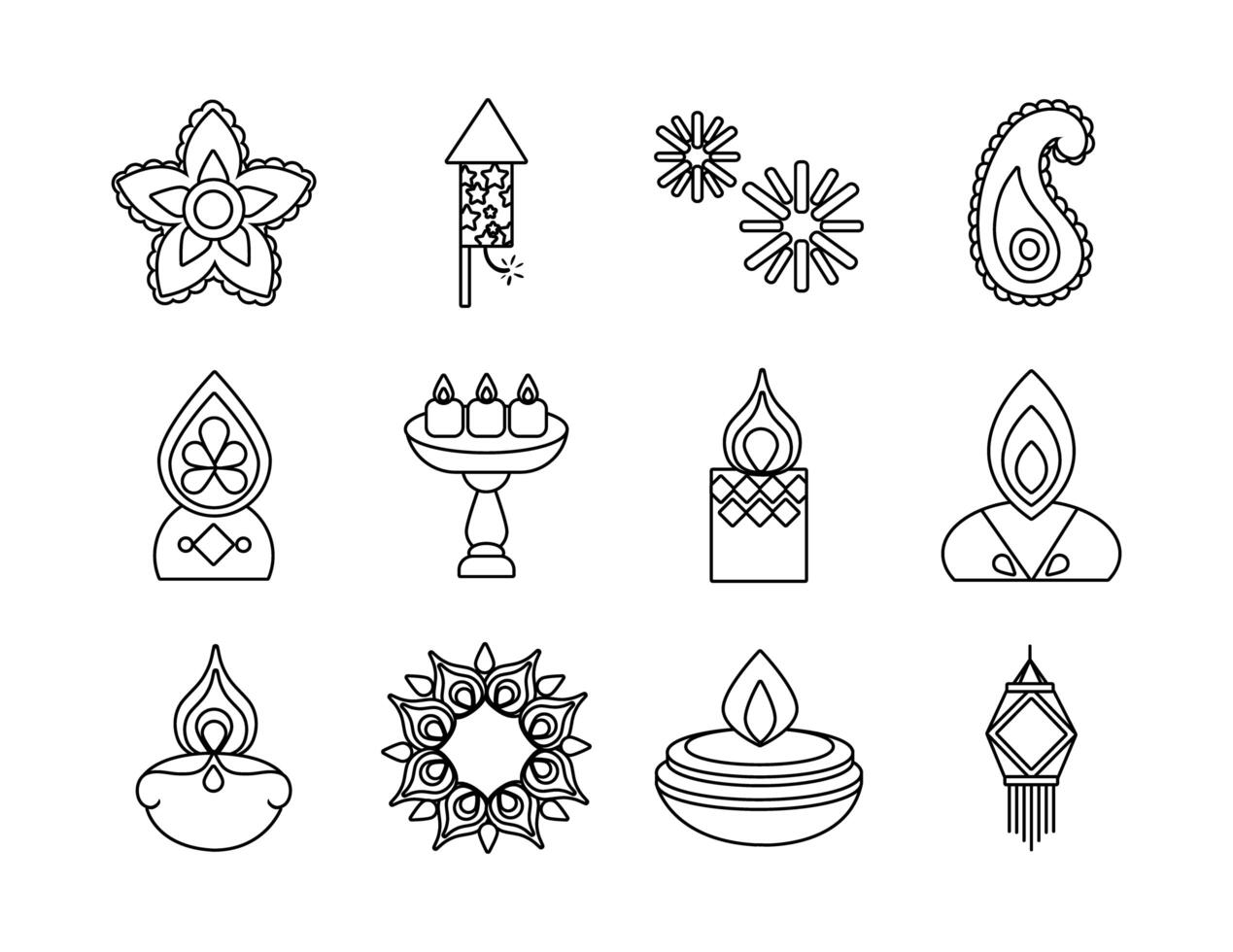 paquete de doce iconos de estilo de línea de diwali vector