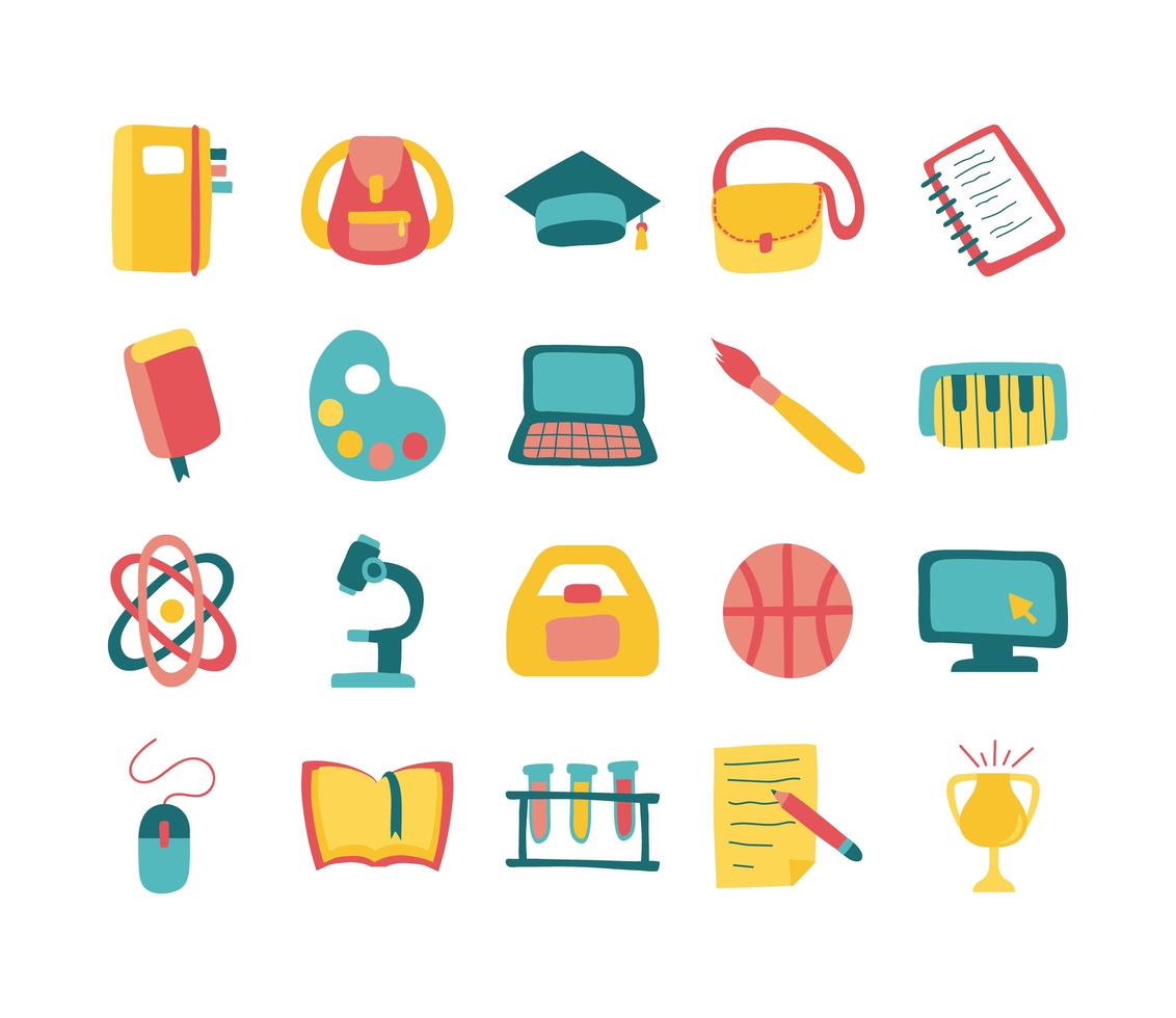 bundle of twenty school supplies flat style icons vector