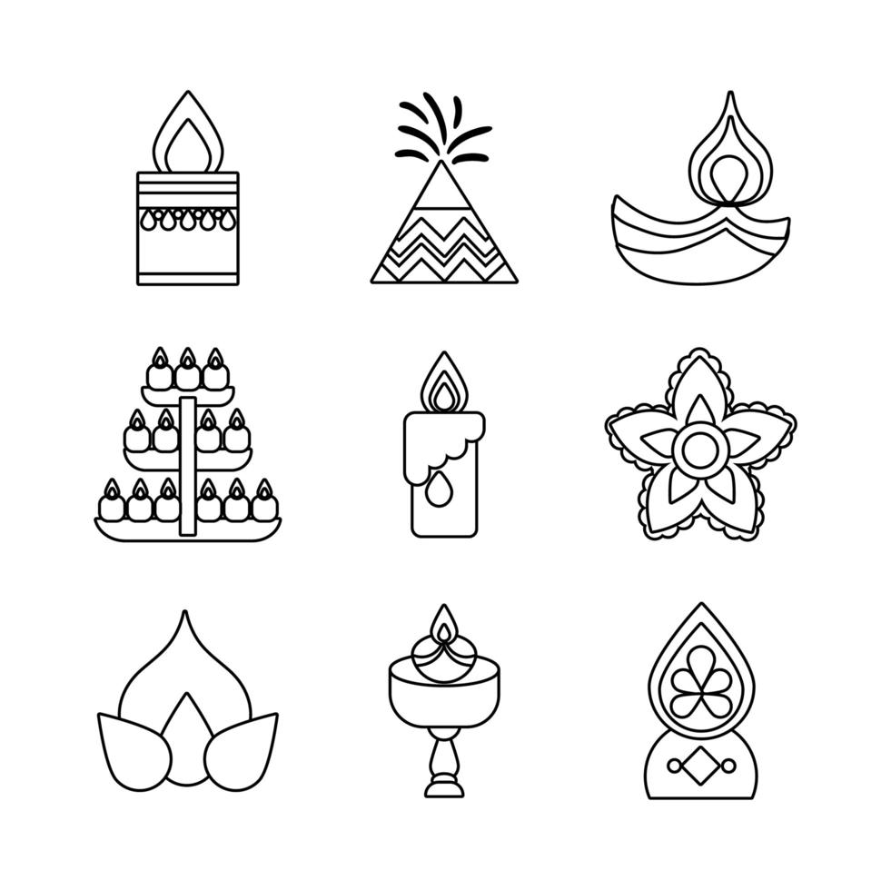 paquete de nueve iconos de estilo de línea de diwali vector