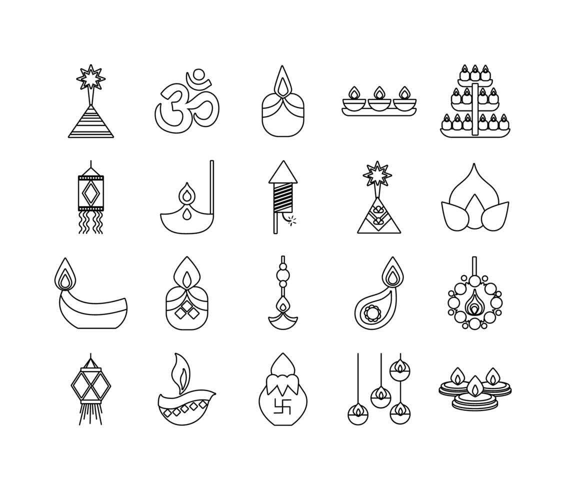 bundle of twenty diwali set line style vector