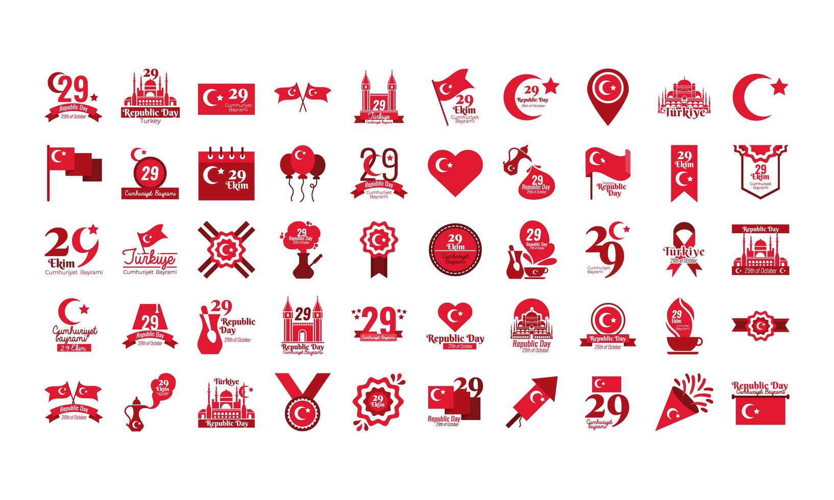 bundle of fifty set cumhuriyet bayrami flat style icons vector