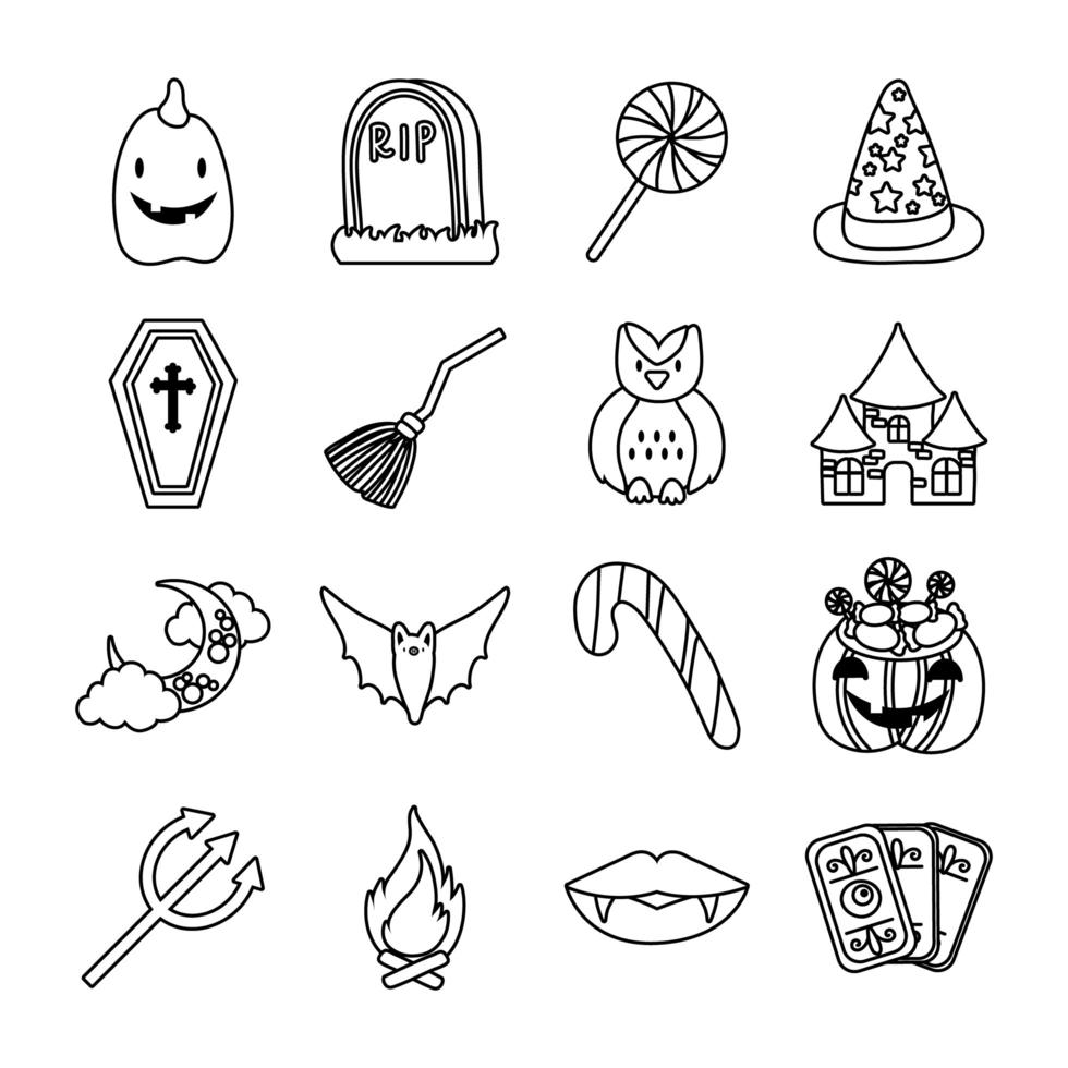 paquete de dieciséis iconos de conjunto de halloween vector