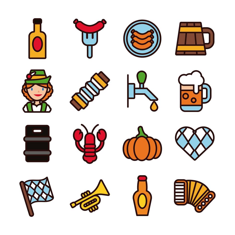 paquete de dieciséis iconos de oktoberfest vector