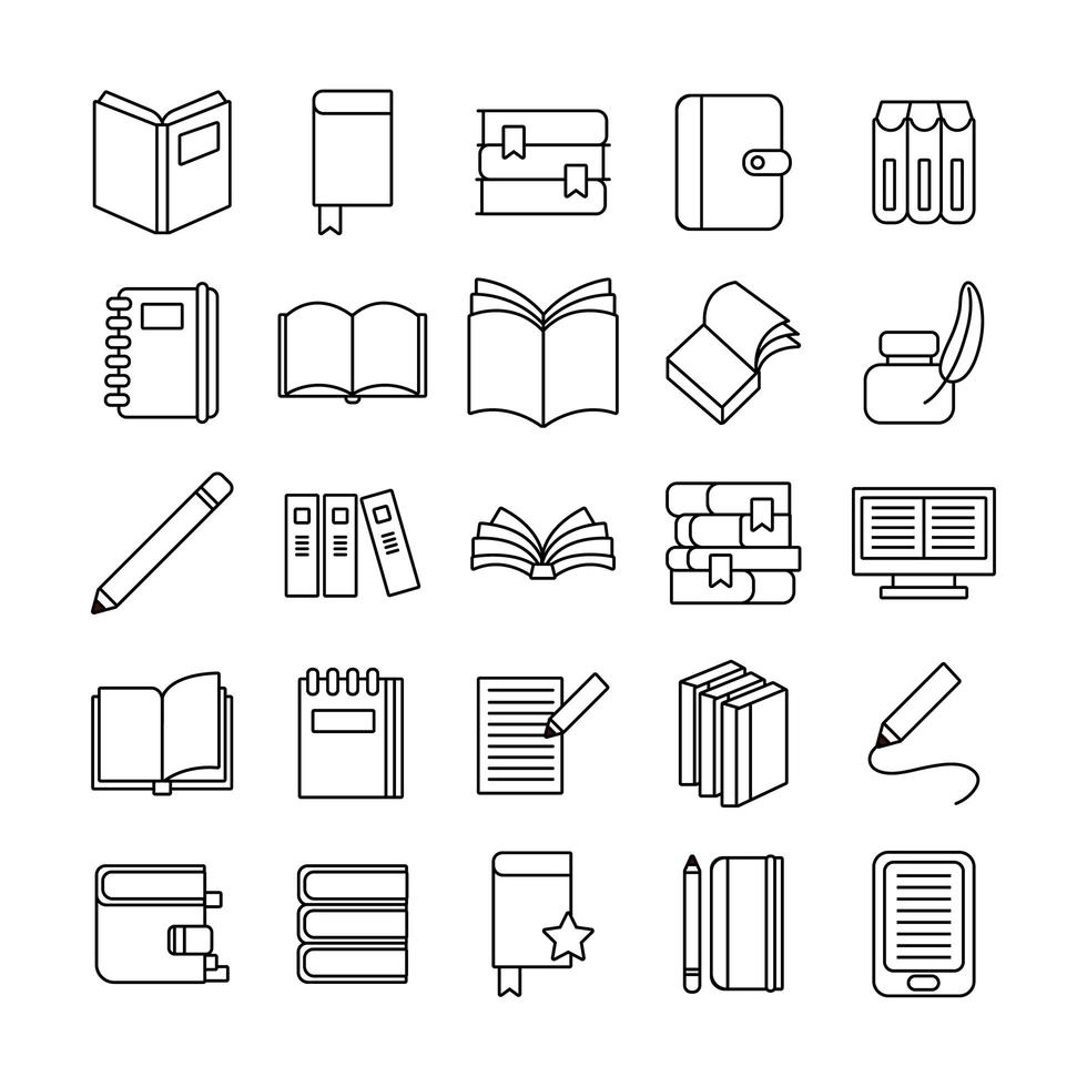 paquete de veinticinco libros, literatura, conjunto, iconos vector
