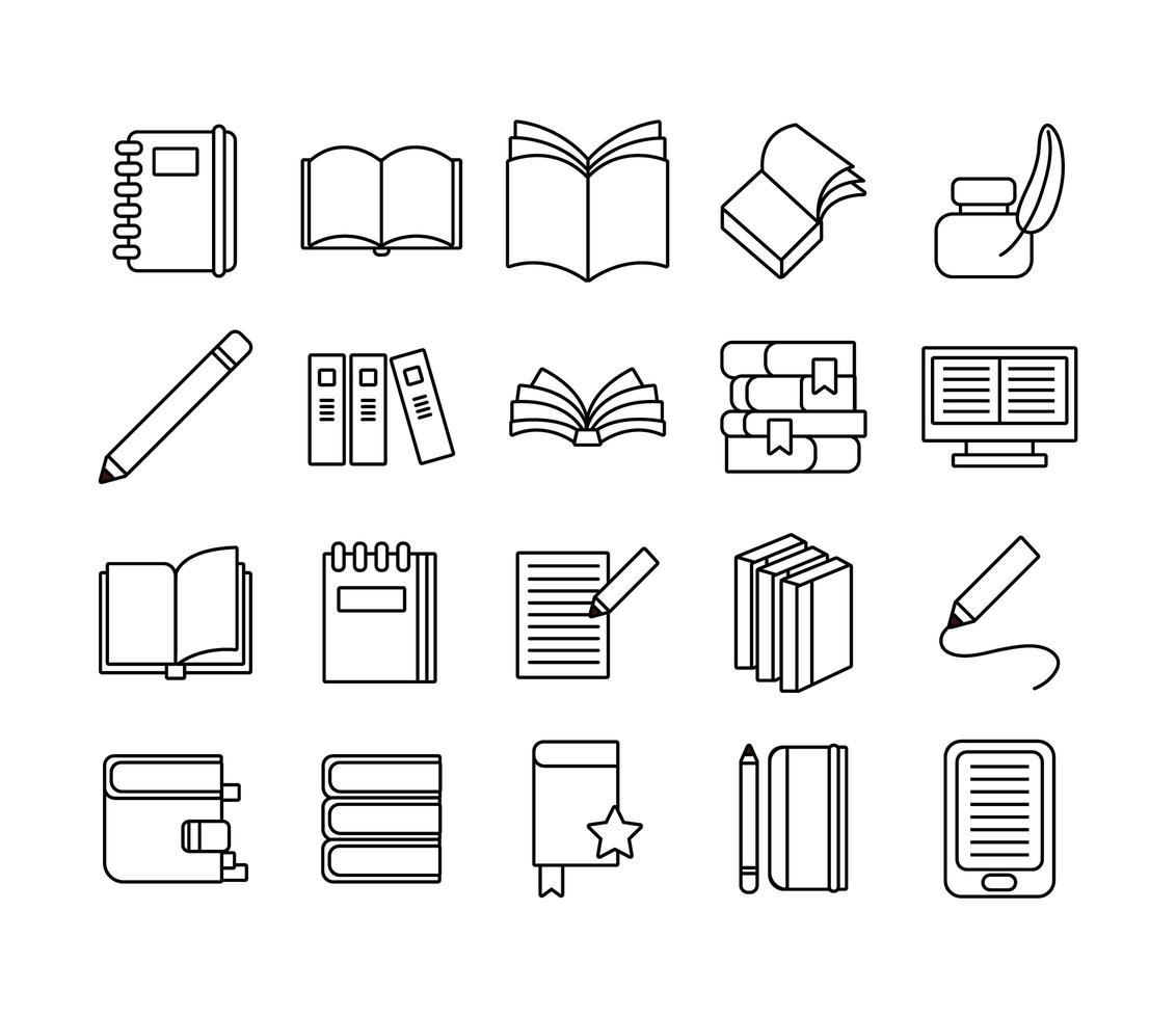 bundle of twenty books literature set collection icons vector