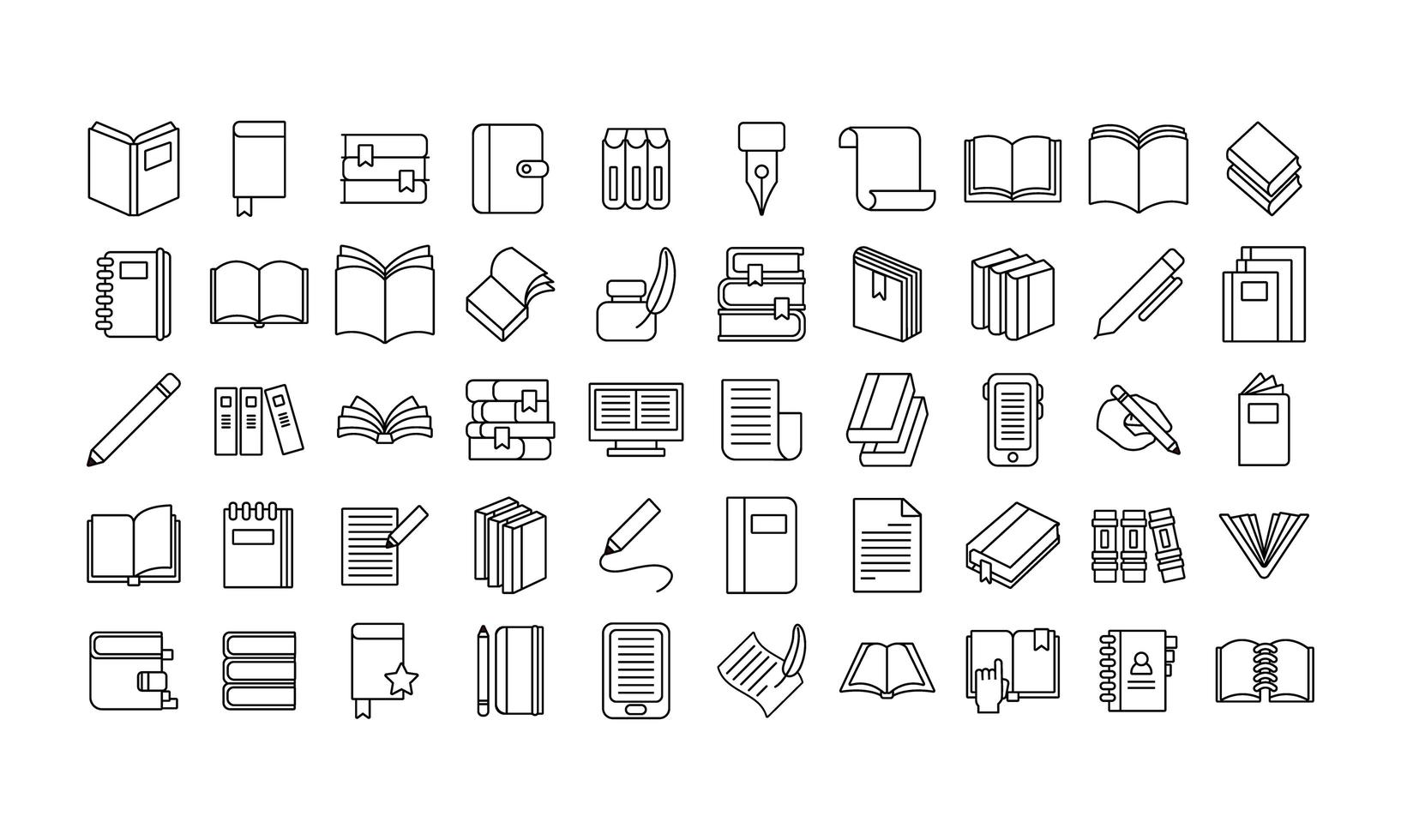 paquete de cincuenta libros, literatura, conjunto, iconos vector