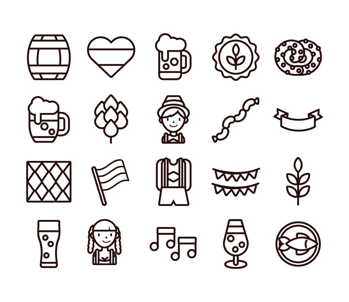Paquete de veinte iconos de colección de conjunto de oktoberfest vector