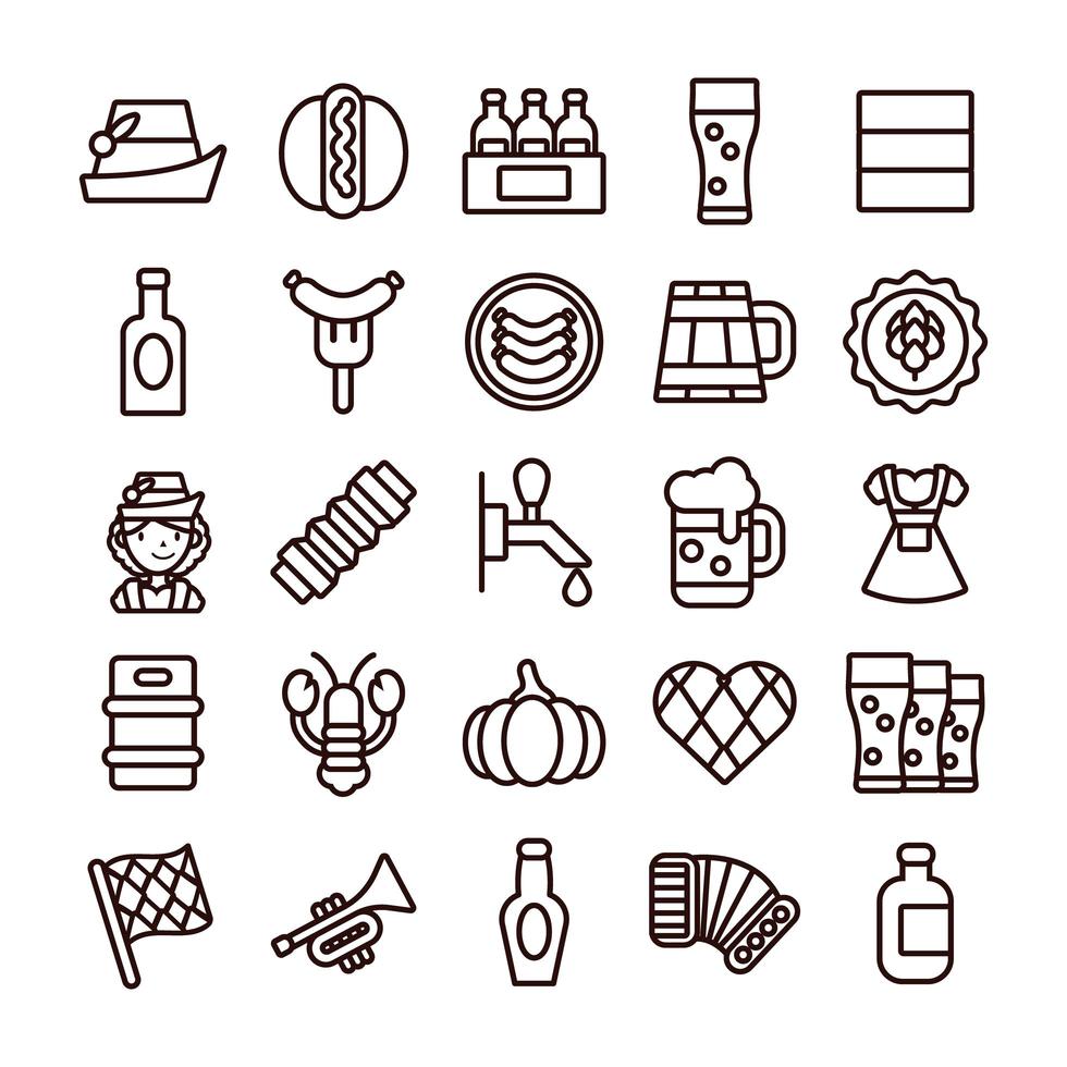 Paquete de veinticinco iconos de colección de conjunto de oktoberfest vector