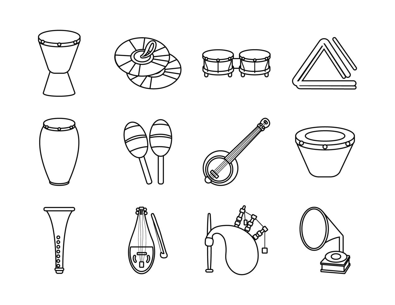 bundle of twelve musical instruments set icons vector