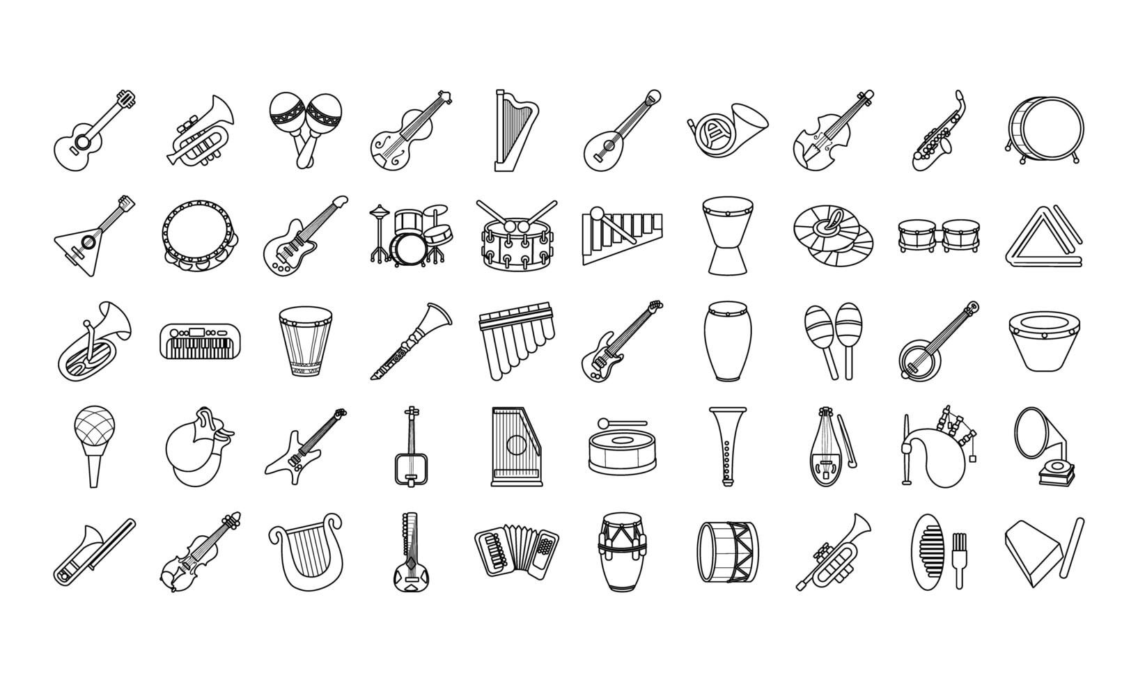 bundle of fifty musical instruments set icons vector