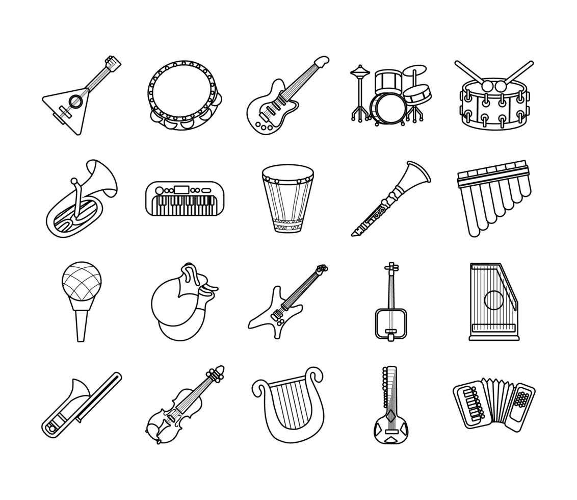 bundle of twenty musical instruments set icons vector
