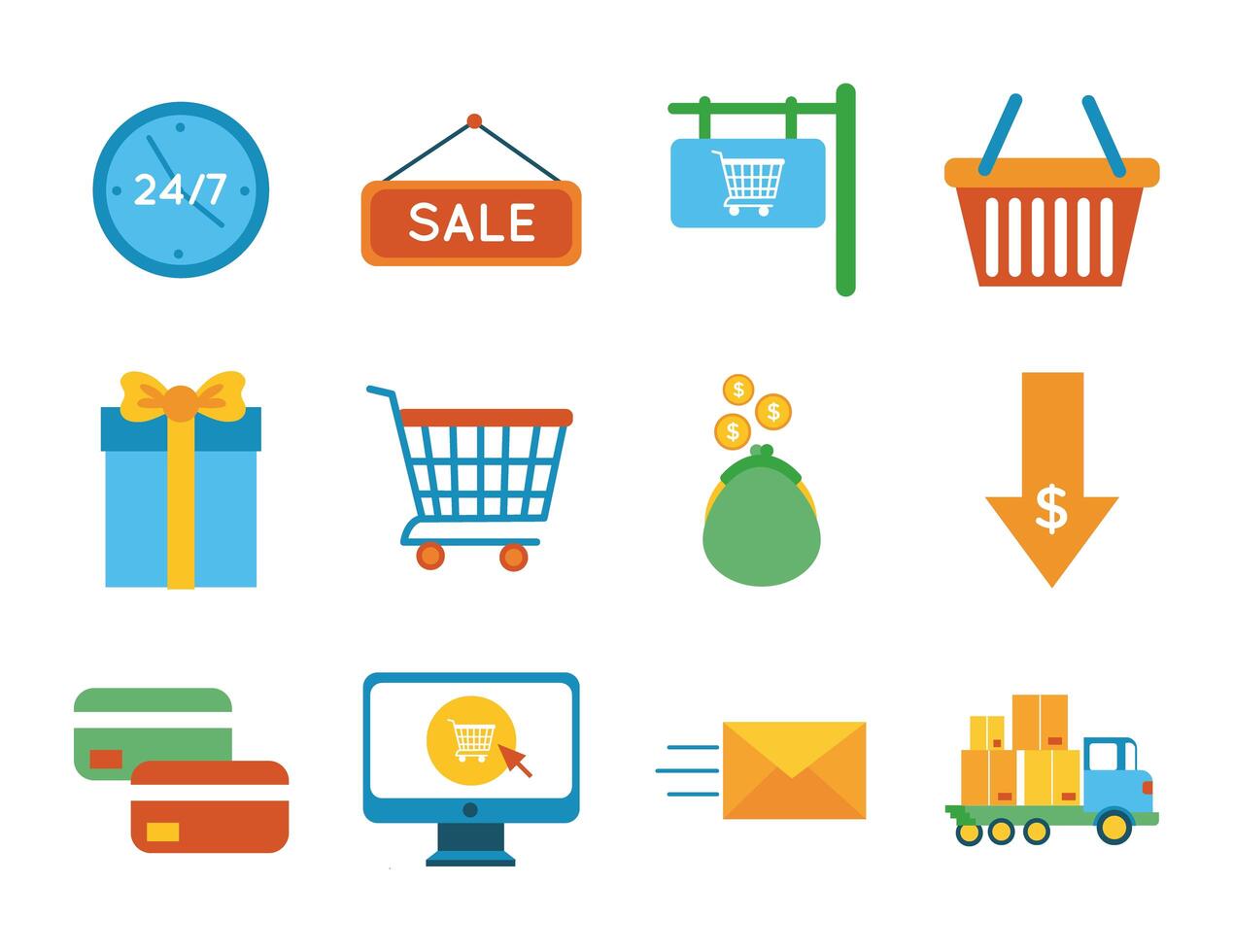 paquete de doce iconos de conjunto de compras vector