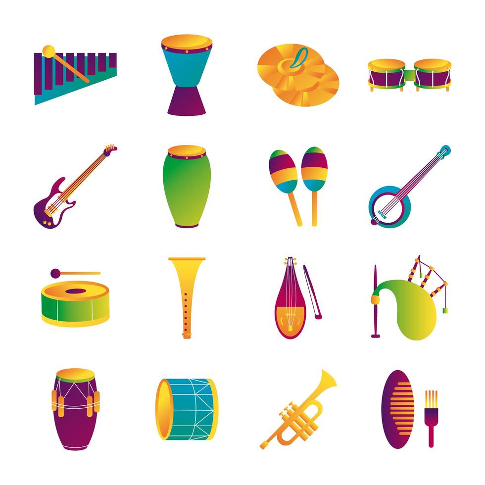 Paquete de dieciséis instrumentos musicales set iconos de colección vector