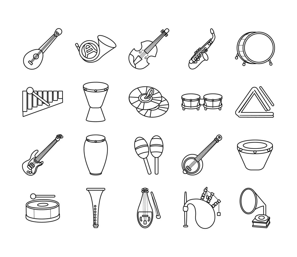 Paquete de veinte instrumentos musicales set iconos de colección vector