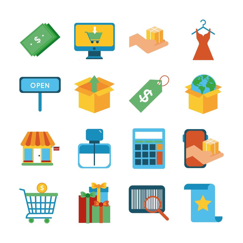 bundle of sixteen shopping set icons vector