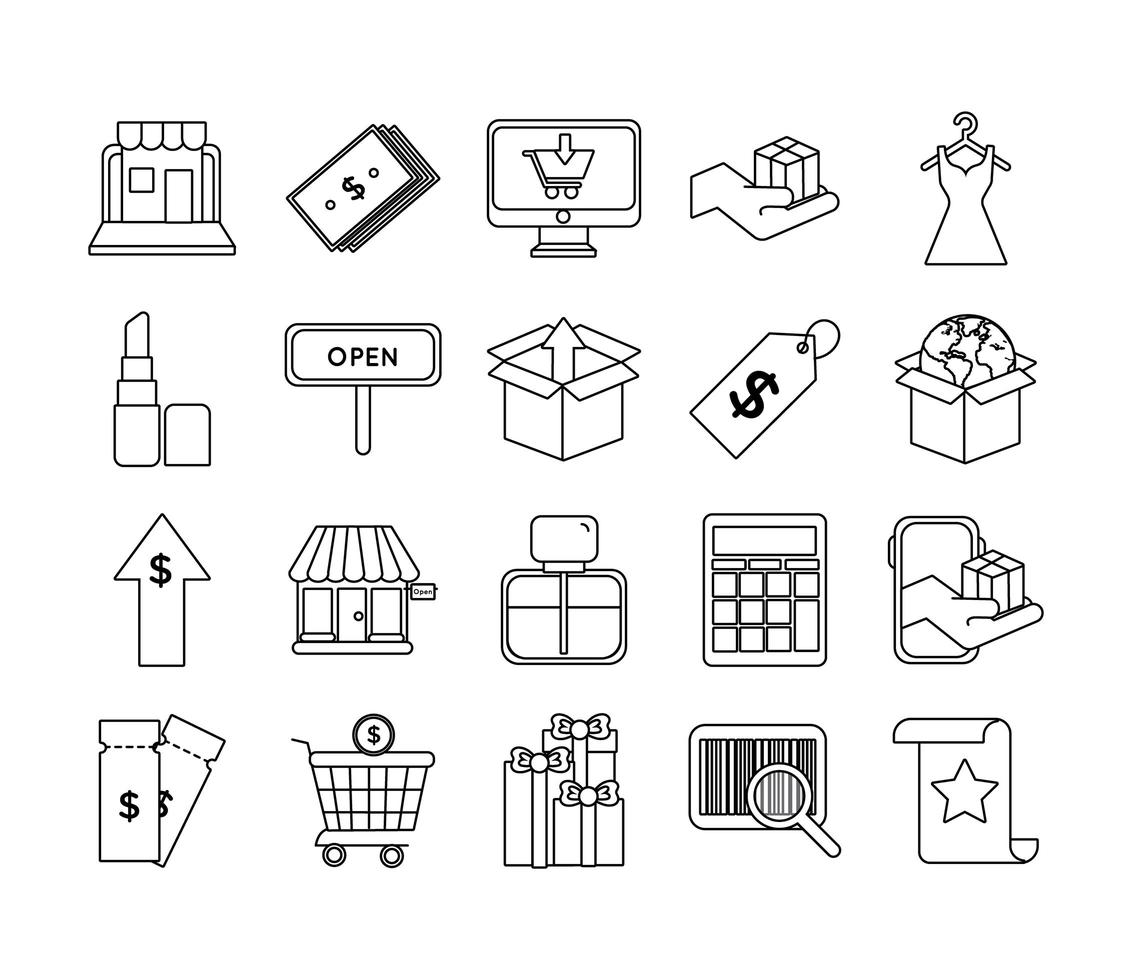 Paquete de veinte iconos de colección de conjunto de compras vector