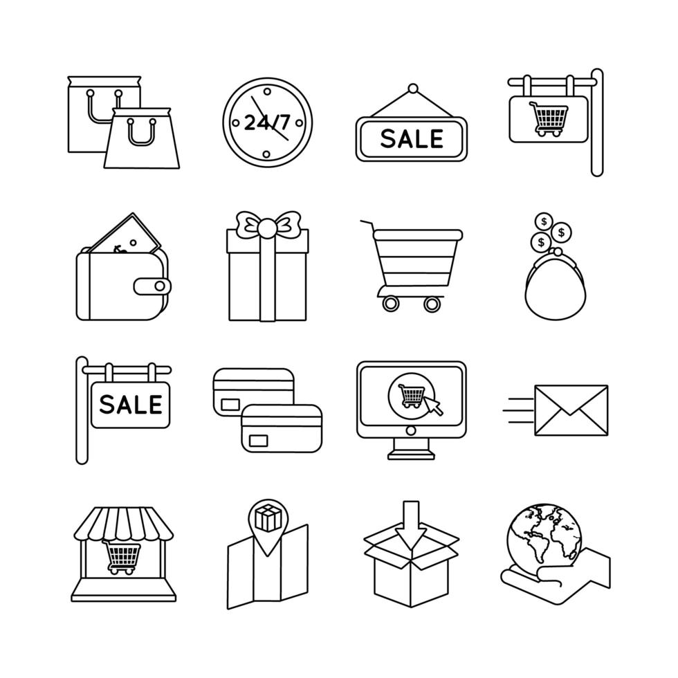bundle of sixteen shopping set collection icons vector