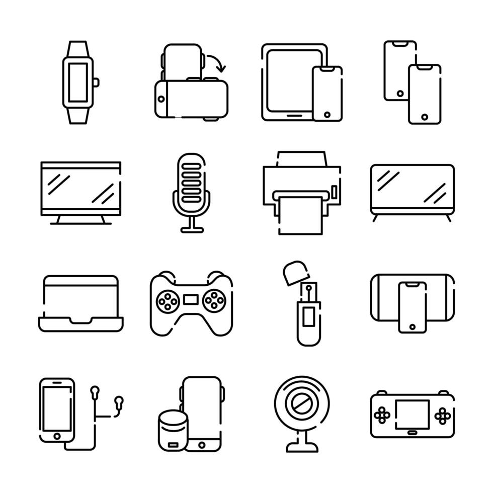 Paquete de dieciséis dispositivos iconos de colección de conjunto de electrónica vector