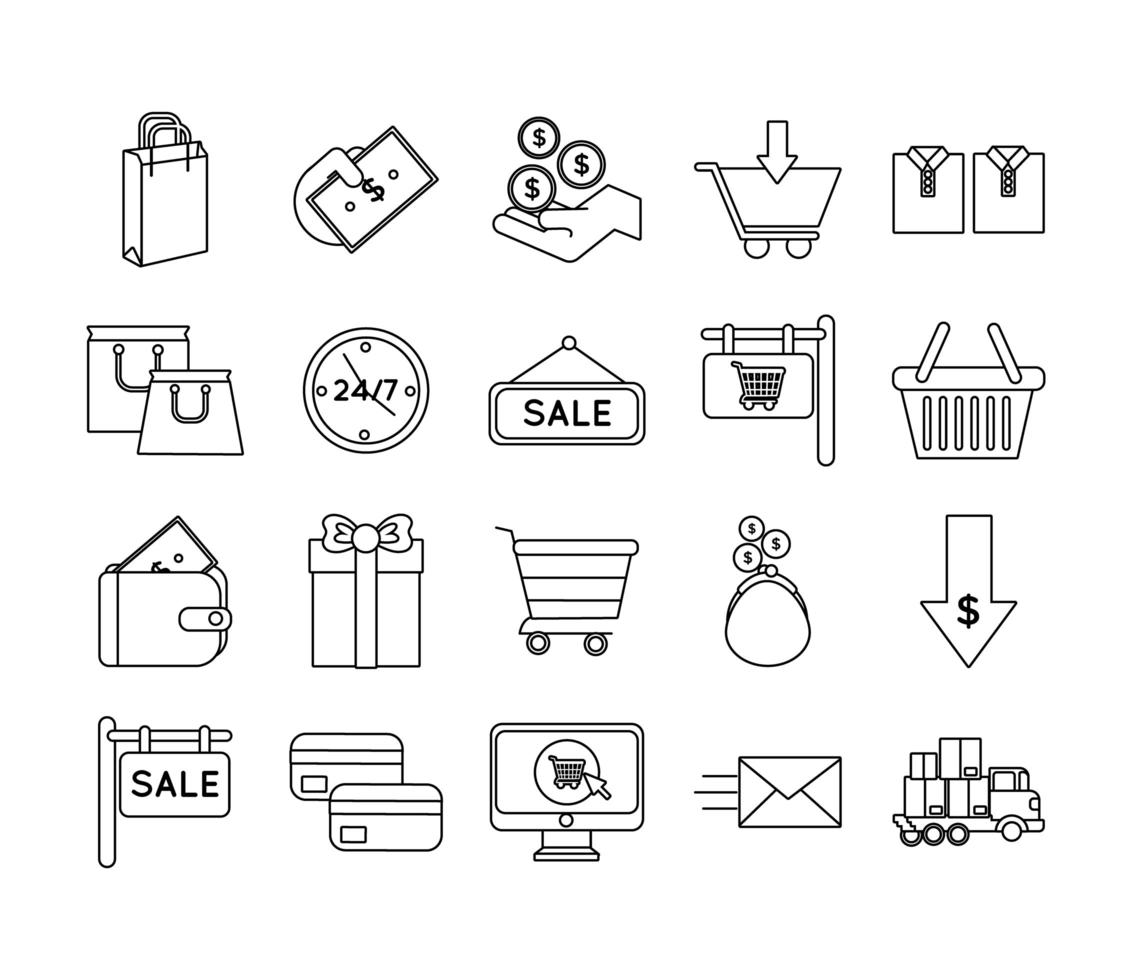 paquete de veinte iconos de conjunto de compras vector