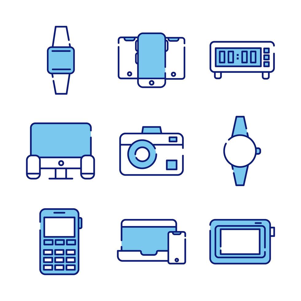 bundle of nine devices electronics set icons vector