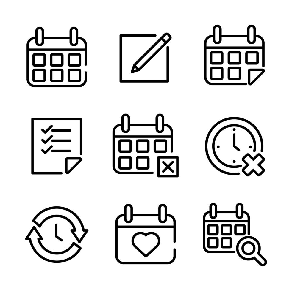 bundle of nine calendars set icons vector