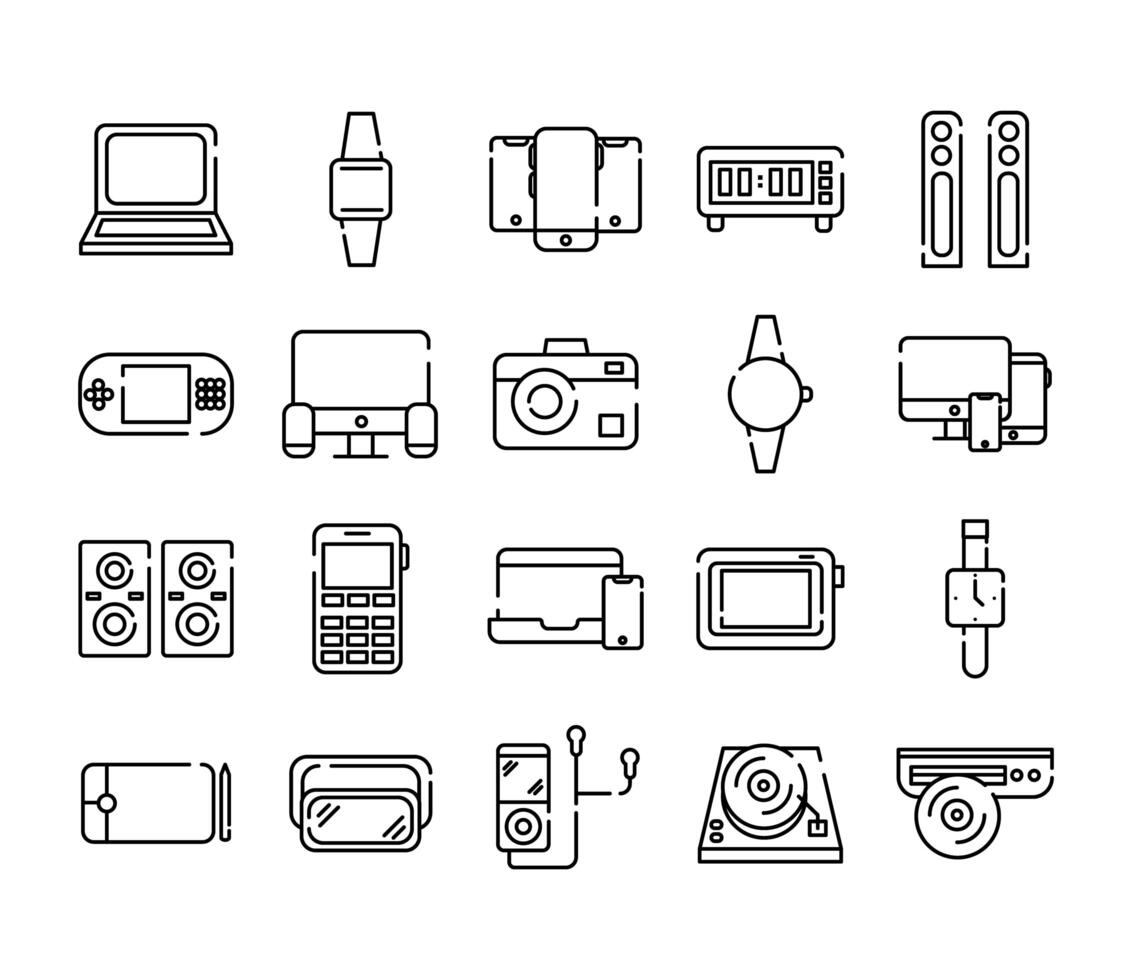 paquete de veinte dispositivos electrónicos establecer iconos vector