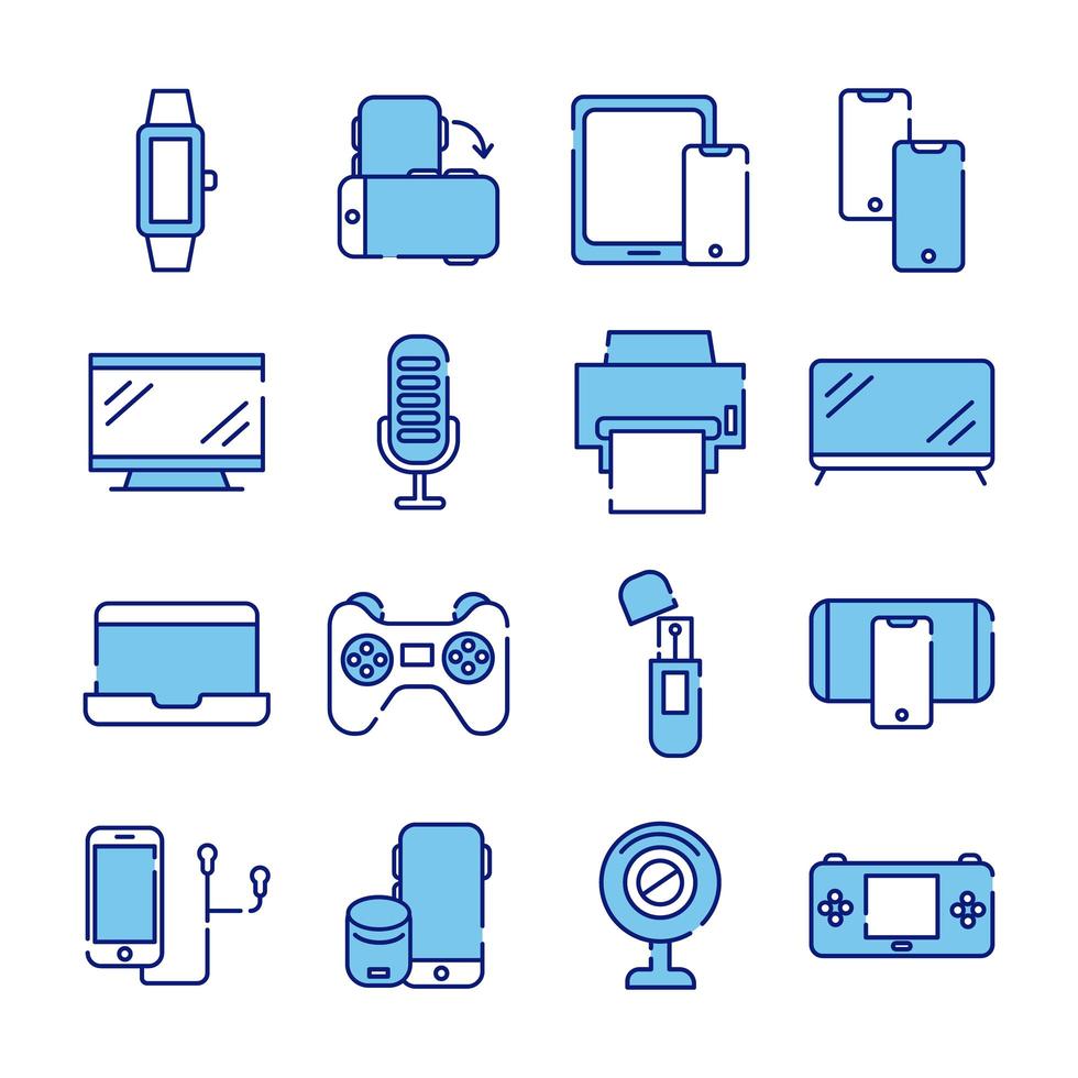 Paquete de dieciséis dispositivos iconos de colección de conjunto de electrónica vector