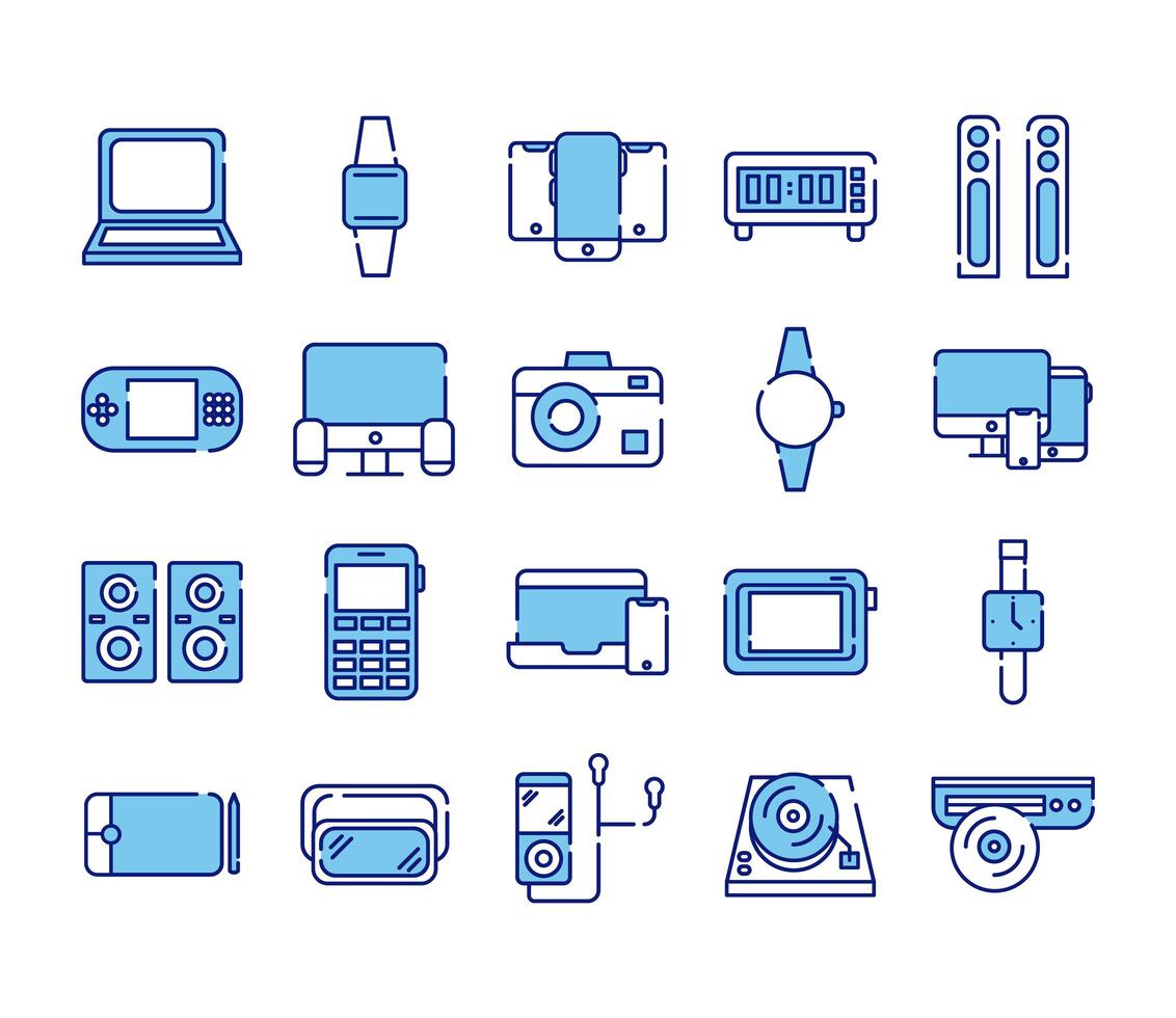 paquete de veinte dispositivos electrónicos establecer iconos vector