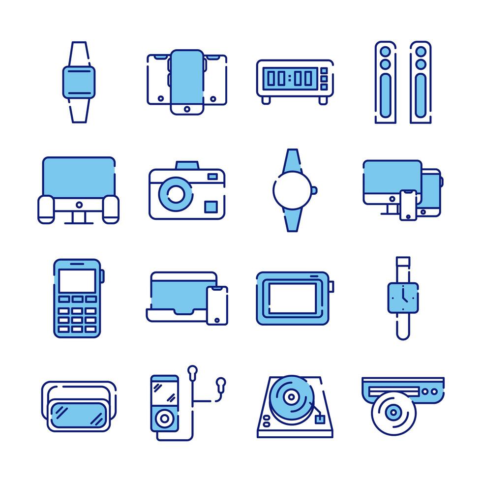 paquete de dieciséis dispositivos electrónicos establecer iconos vector