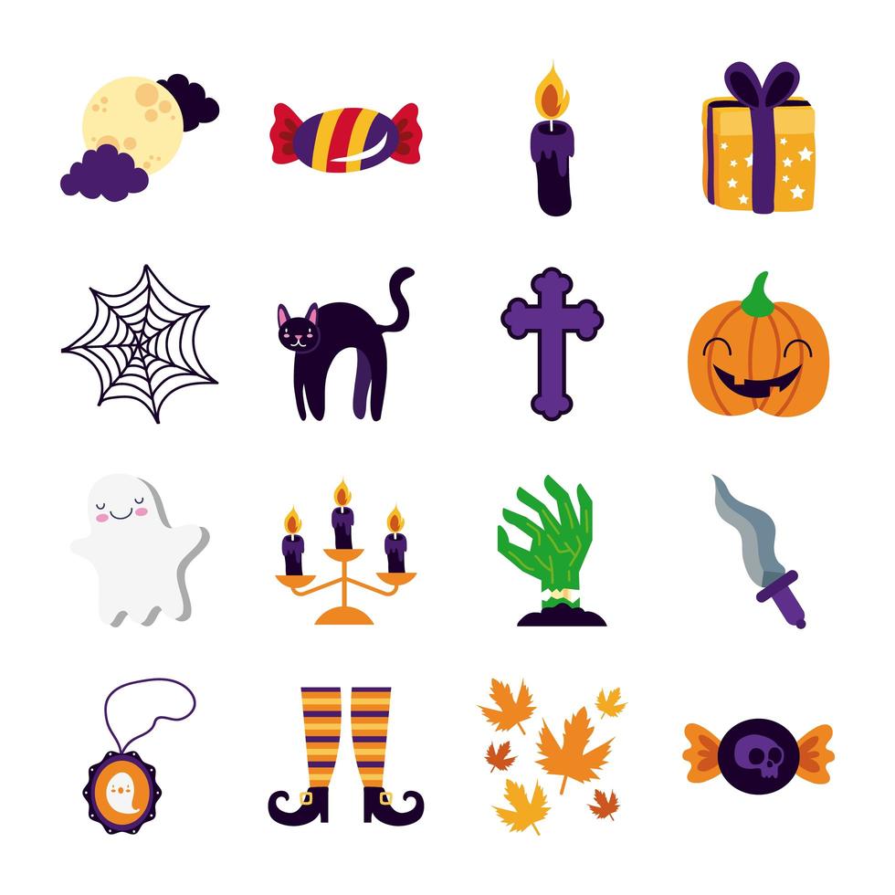 Paquete de dieciséis iconos de colección de set de halloween vector