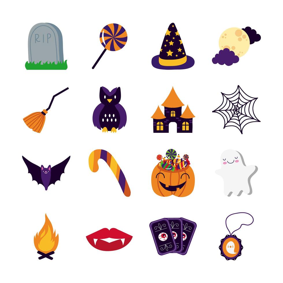 bundle of sixteen halloween set icons vector
