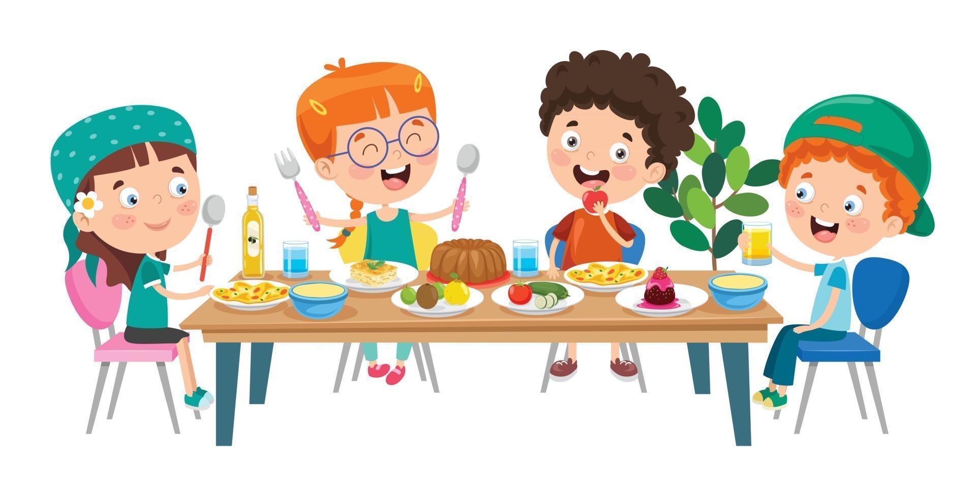 niños pequeños comiendo alimentos saludables vector