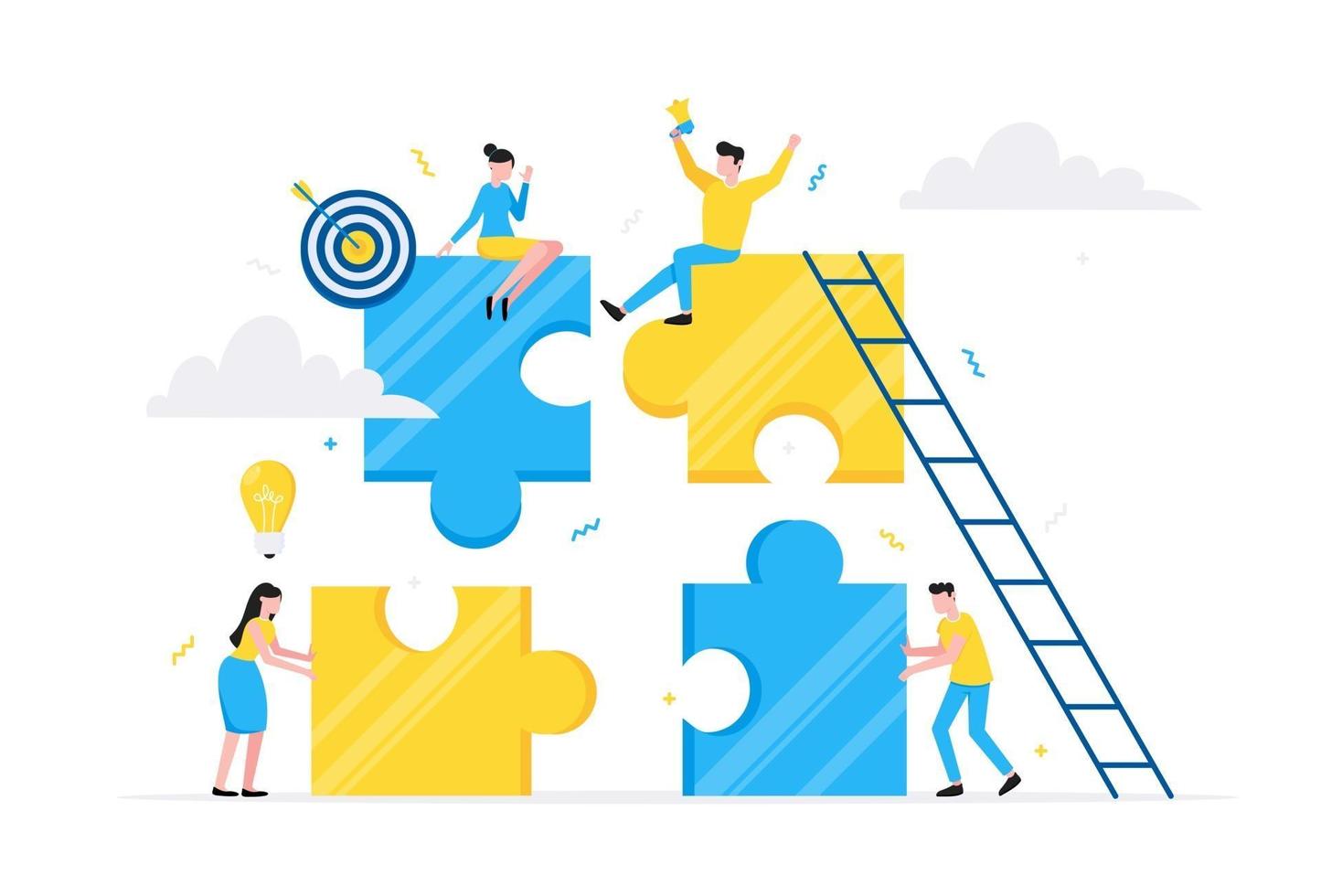 Teamwork concept with tiny people characters working together with big jigsaw puzzle pieces vector